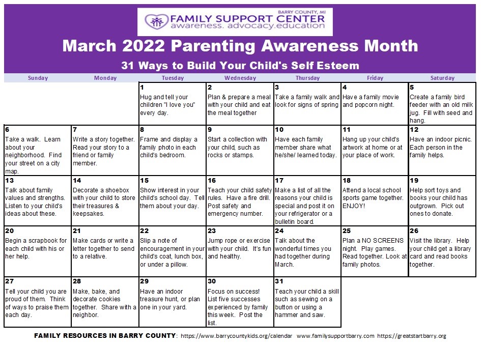 March Parenting Awareness Calendar 2022